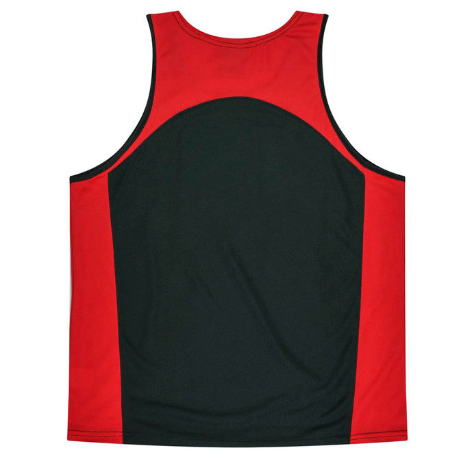 A red and black sleeveless singlet featuring a rounded back design and contrasting panels. It has a branded logo.