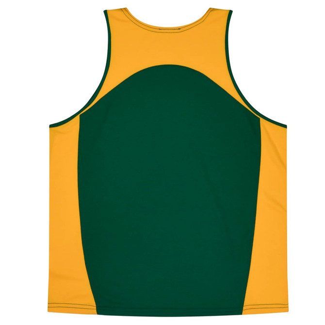 A green and yellow singlet featuring a rounded design and a logo. Suitable for kids' wear.