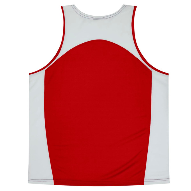 A red and white singlet featuring a logo, with a simple design and a round back panel.