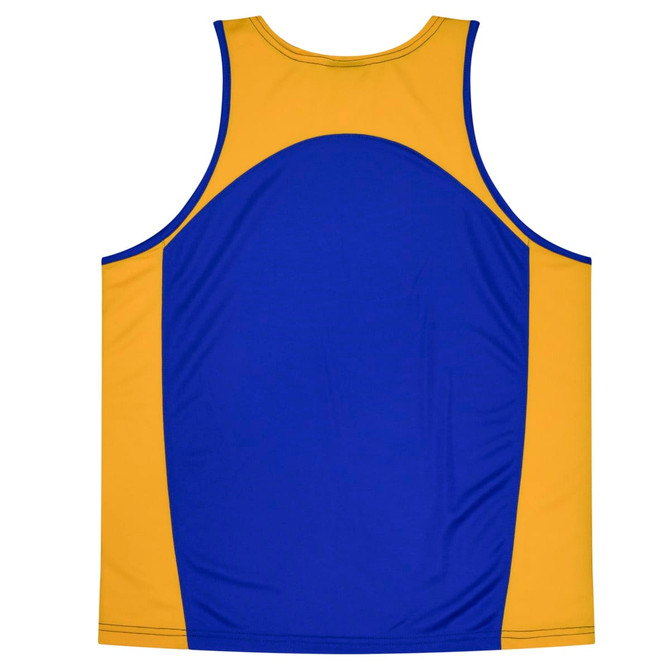A blue and gold singlet featuring a contrasting design and a logo. Suitable for kids.