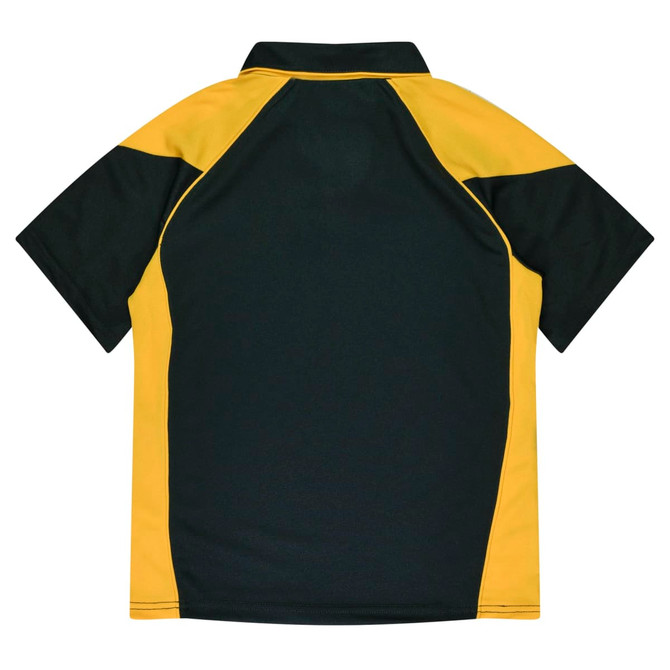 A polo shirt in dark green and yellow with a short-sleeved design. It features a collar and contrasting colours.