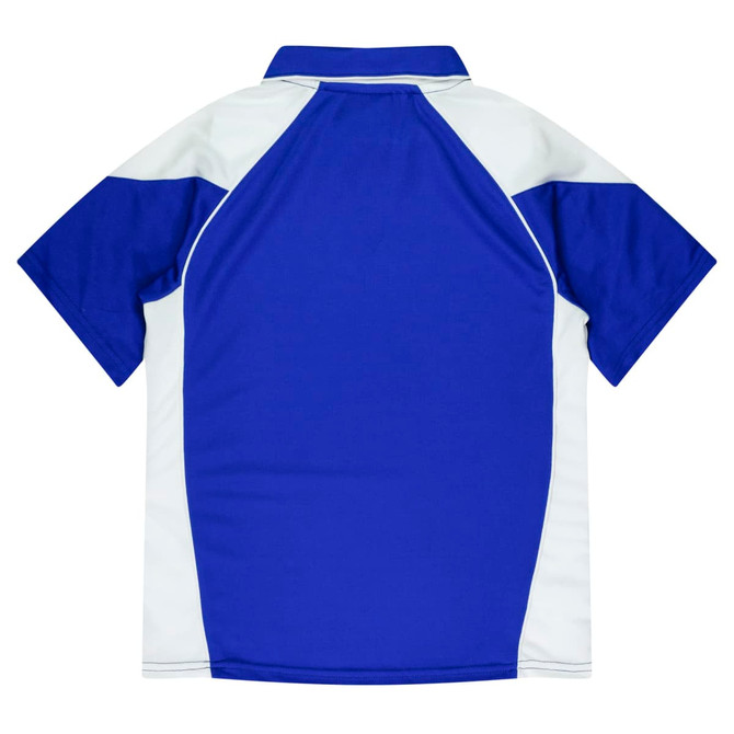 A blue and white polo shirt with short sleeves and a collar, featuring a logo on the front.