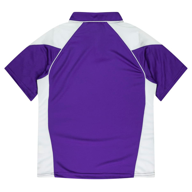 A purple and white polo shirt with short sleeves and a collar. Features a logo on the design.