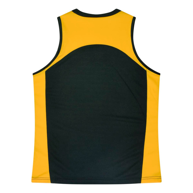 A yellow and dark green singlet with contrasting panels and a logo on the back.