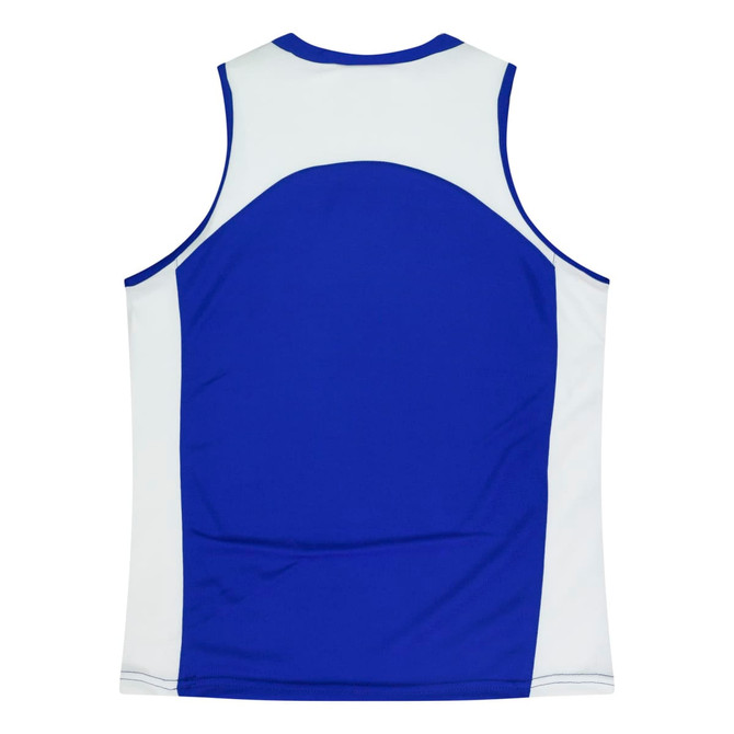 A blue and white singlet with a round neck and a logo on the back.