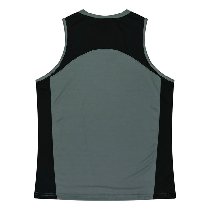 A grey and black singlet featuring a sleek design and a logo on the back.