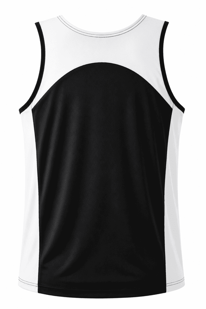 A men's singlet featuring a black front with white side panels and a rounded design at the back. It has a logo.