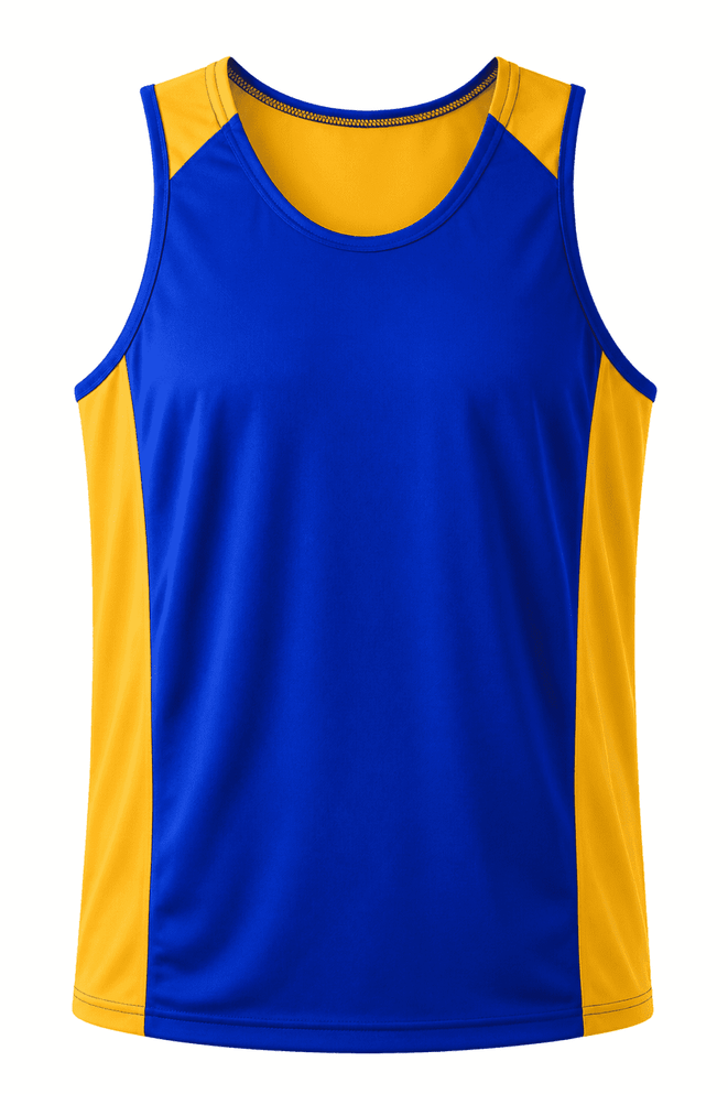 A sleeveless men's singlet featuring blue and yellow panels with a logo on the front.