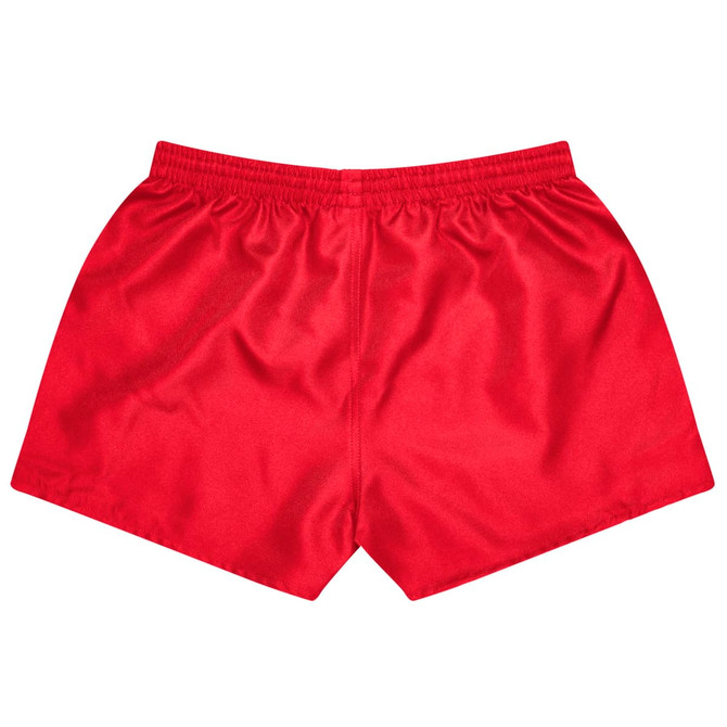 Red rugby kids shorts with an elastic waistband, featuring a logo on the side.