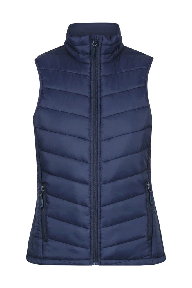 A navy blue quilted vest with a high collar and two zippered pockets, featuring a logo.