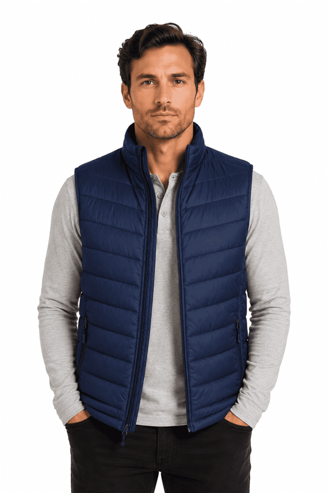 A man models a navy blue puffer vest over a light grey long-sleeve shirt, featuring a branded logo.