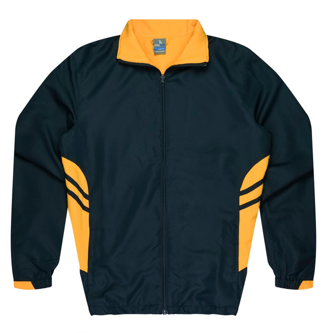 A dark green tracktop with a yellow collar and side stripes, featuring a zip closure and elastic cuffs.