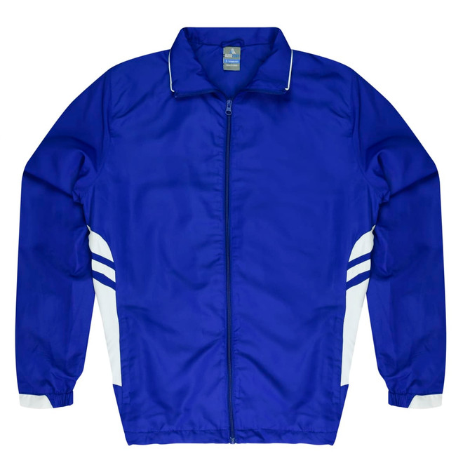 A blue jacket with white side stripes and a zip front. It has a collar and long sleeves.