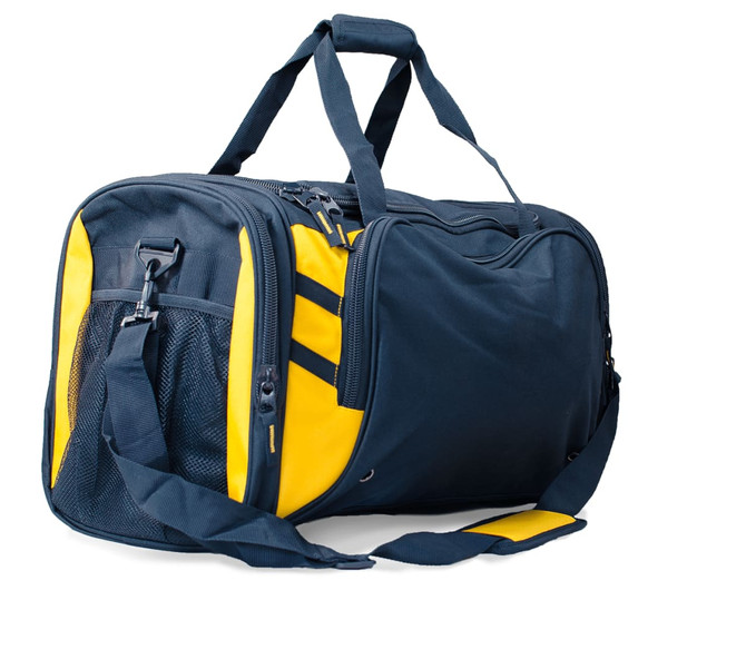 A duffle bag in navy blue and yellow, featuring multiple zippered compartments and a detachable shoulder strap.