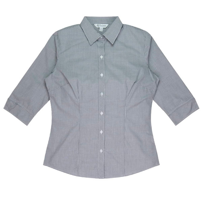 A button-up shirt featuring a grey and white check pattern with 3/4 sleeves and a collar. It has a logo on the label.