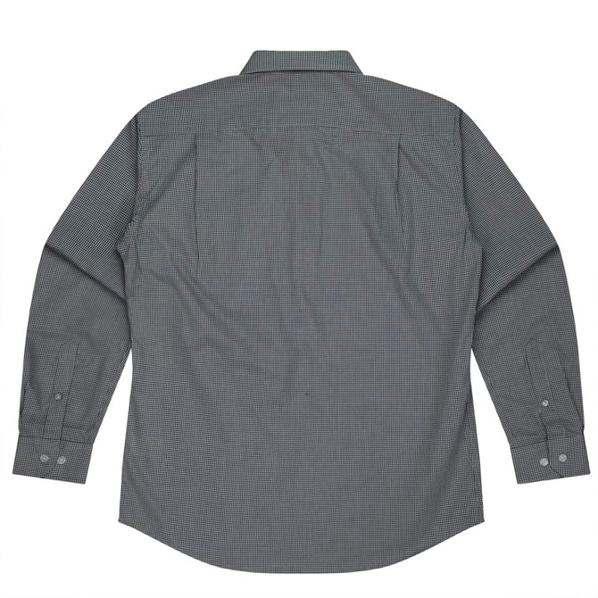 A long sleeve button-up shirt in dark green and grey with a checked pattern and a back view design.
