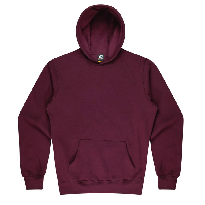 A maroon kids' hoodie featuring a front pocket and a large hood. The hoodie includes a logo on the inside label.