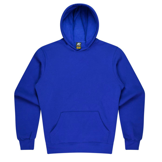 A blue kids' hoodie featuring a kangaroo pocket and a hood. The hoodie has a logo on the label.