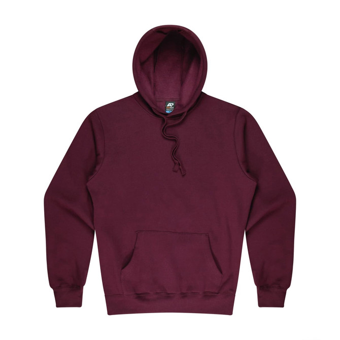 A maroon men's hoodie featuring a front pocket and a drawstring hood. It has a logo on the label.