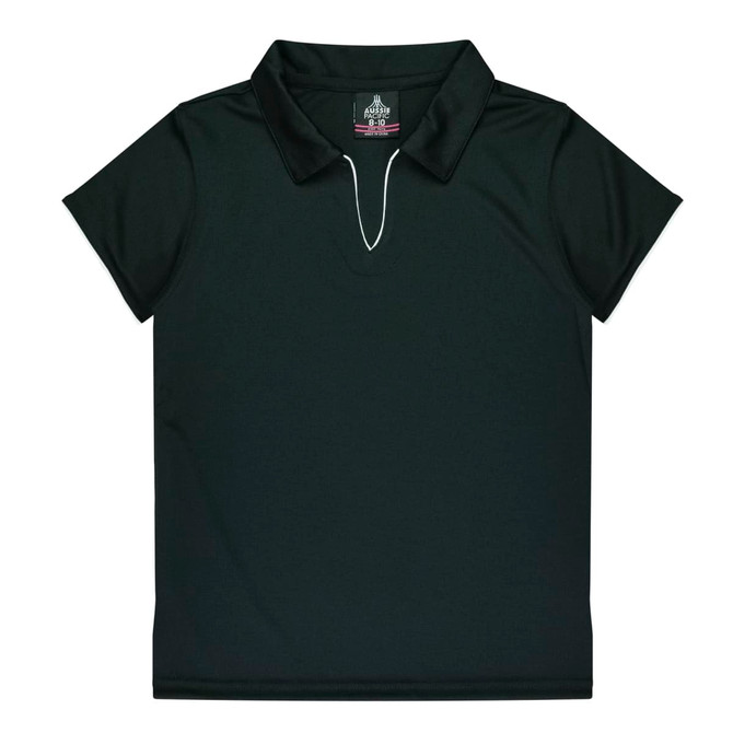 A dark green polo shirt with a collar and a white accent detail. It has a logo on the inner label.