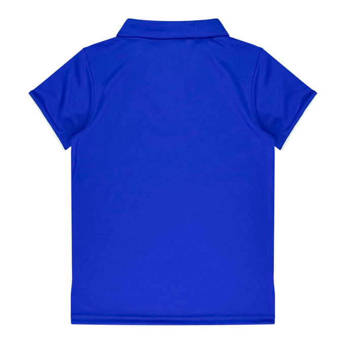 A blue polo shirt featuring a collar and short sleeves, displaying a plain back design. It includes a logo.