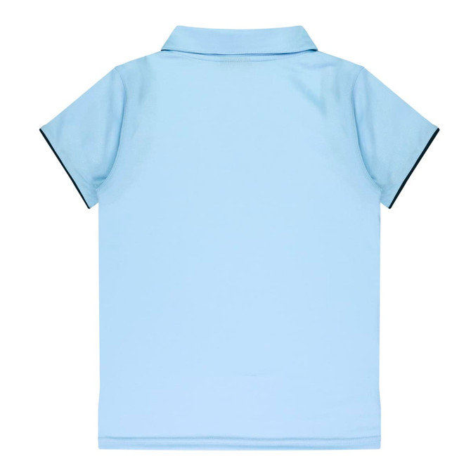 A light blue polo shirt featuring a collar and short sleeves, with a contrasting trim. It has a logo on the front.