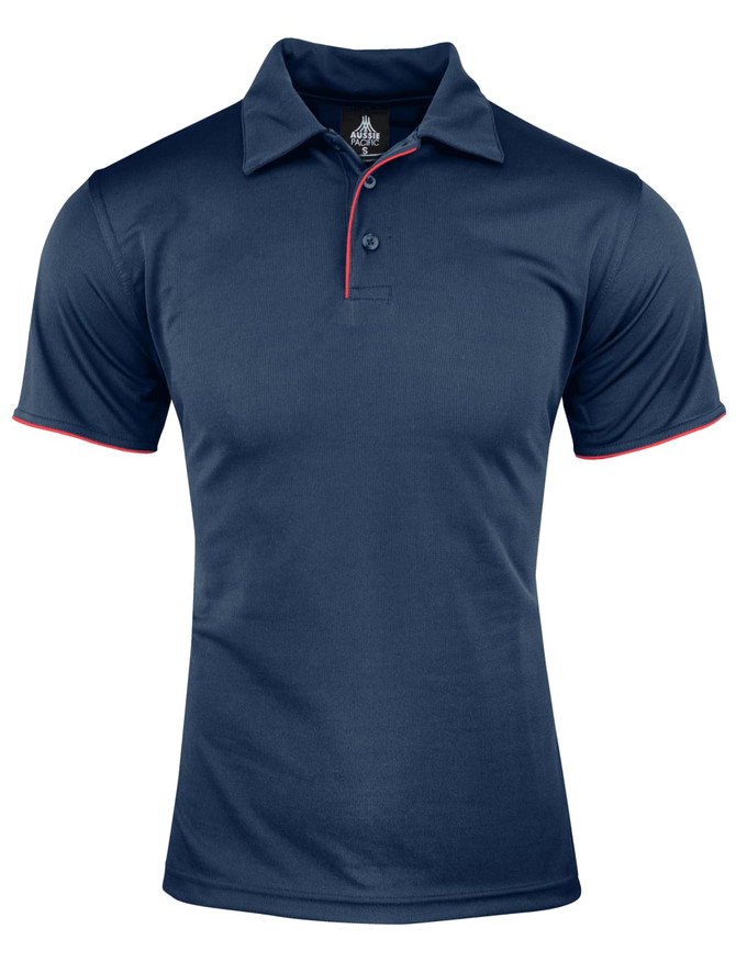 A navy polo shirt featuring red accents and a collar. The shirt has a branding logo on the neckline.