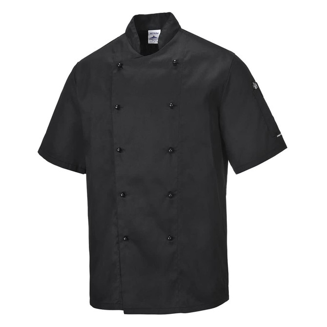 A black chef's jacket featuring short sleeves and double-breasted buttons, with a logo on the sleeve.