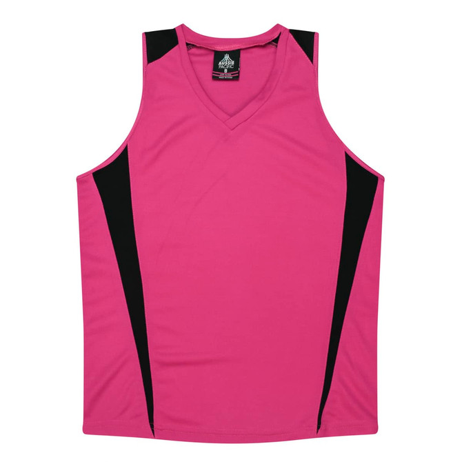 A pink singlet with black accents and a v-neck design, featuring a logo. 