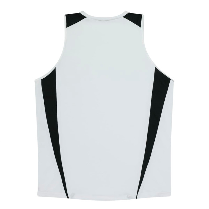 A sleeveless sports singlet in light grey with black side panels and branding.