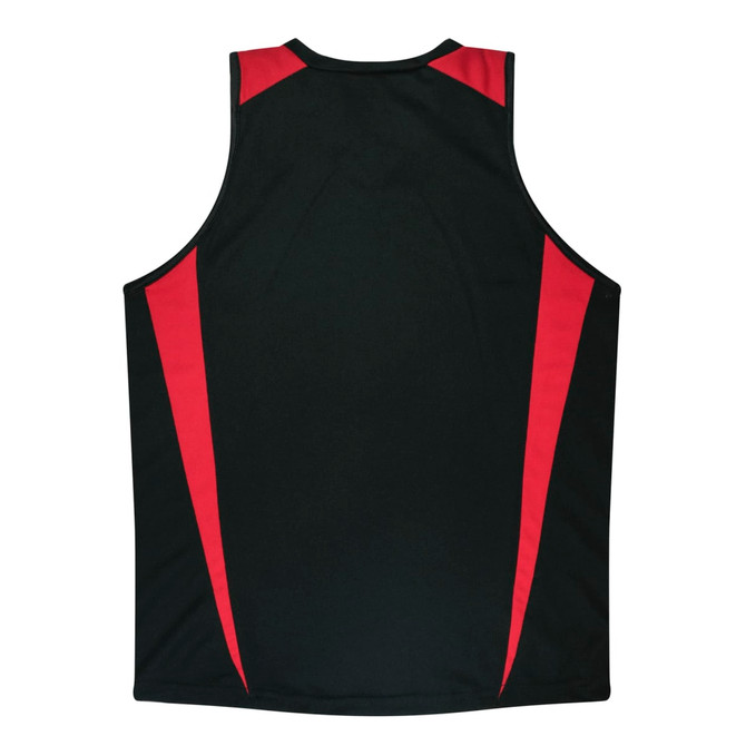 A black singlet with red accents on the shoulders and sides, featuring a logo on the fabric.