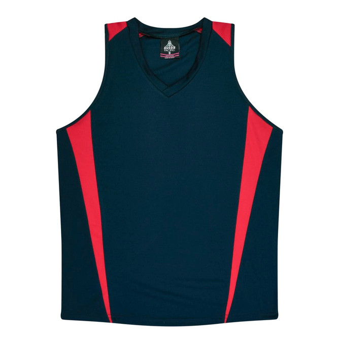 A navy singlet featuring red side panels and a V-neck design. It has a logo on the label.