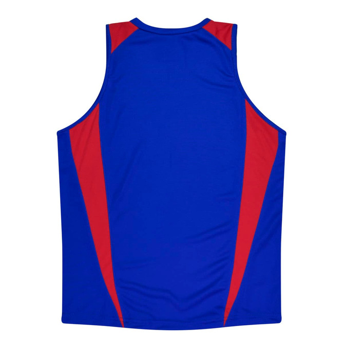 A blue singlet with red and blue accents, featuring a logo on the front.