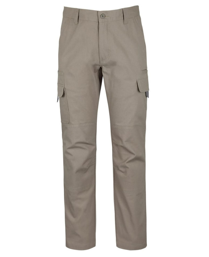 Light brown cargo pants featuring multiple pockets and a fitted design. Includes a logo on the waistband.