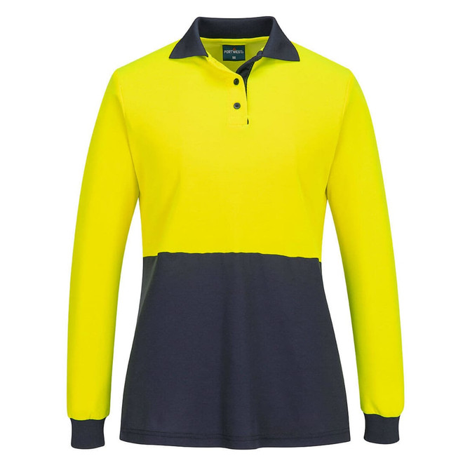 A long-sleeve polo shirt in hi-vis yellow with a navy blue contrast at the waist, featuring a collar and a logo.