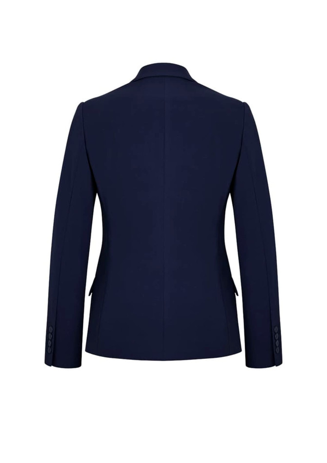 A navy mid-length women's jacket with a fitted design and long sleeves, featuring buttons on the cuffs.