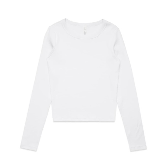 A white long-sleeve t-shirt with a round neckline and a logo on the label.
