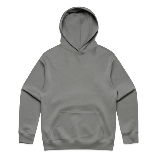 A grey hooded sweatshirt with a front pocket and a simple design. It features a logo.