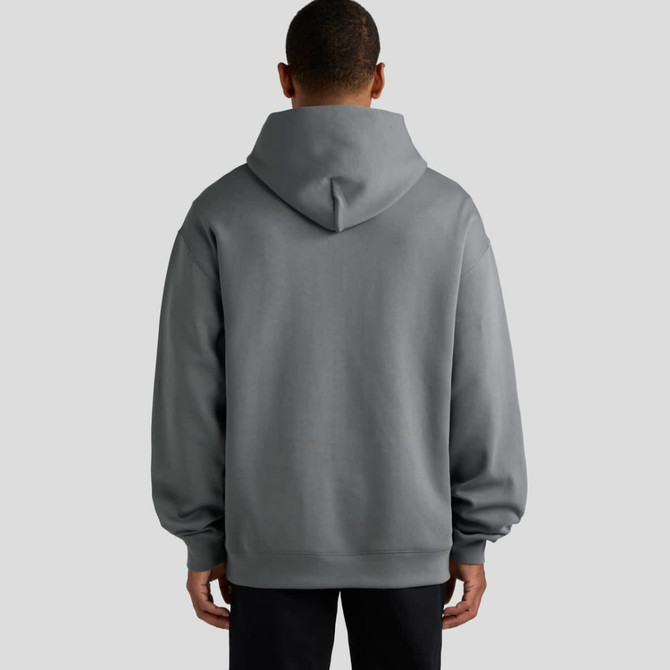 A grey hooded sweatshirt with a relaxed fit, featuring a spacious back and a hood. It has a logo.