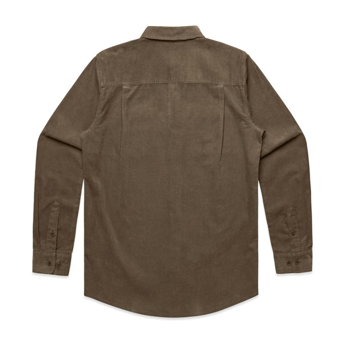 A brown cord shirt with long sleeves and a collar, featuring dual back pleats and buttoned cuffs.