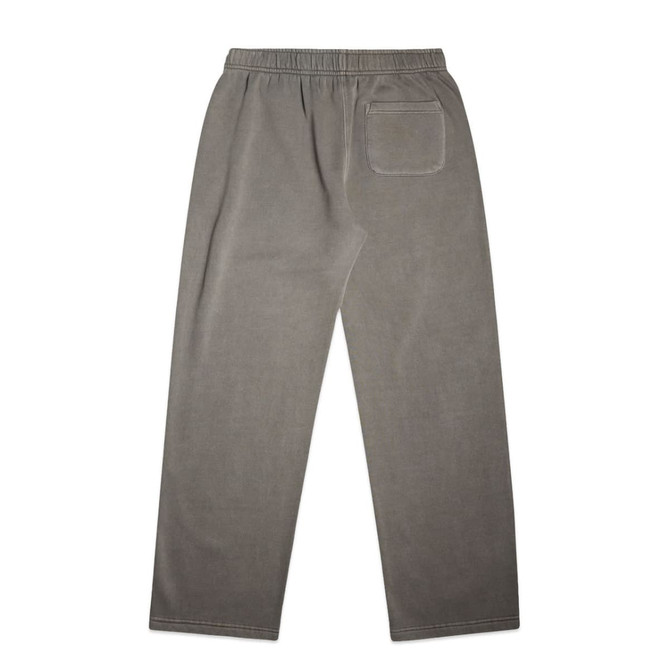 Cuffless track pants in faded grey with an elastic waistband and a back pocket. Features a branding logo.