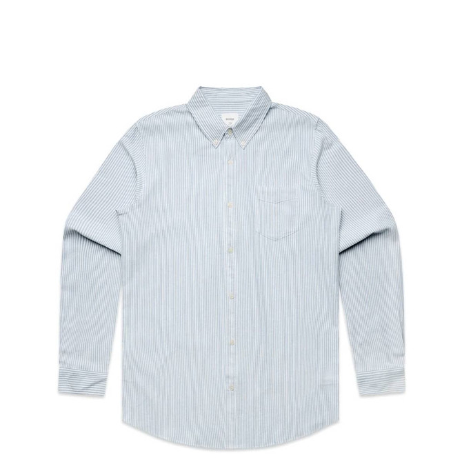A light blue button-up shirt featuring a striped pattern and long sleeves. It has a chest pocket and a collar.