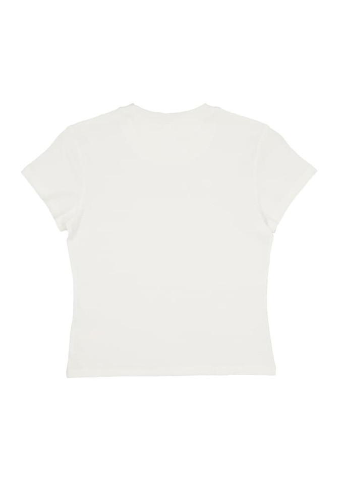 A women's baby tee in white, featuring a simple design without any visible branding.