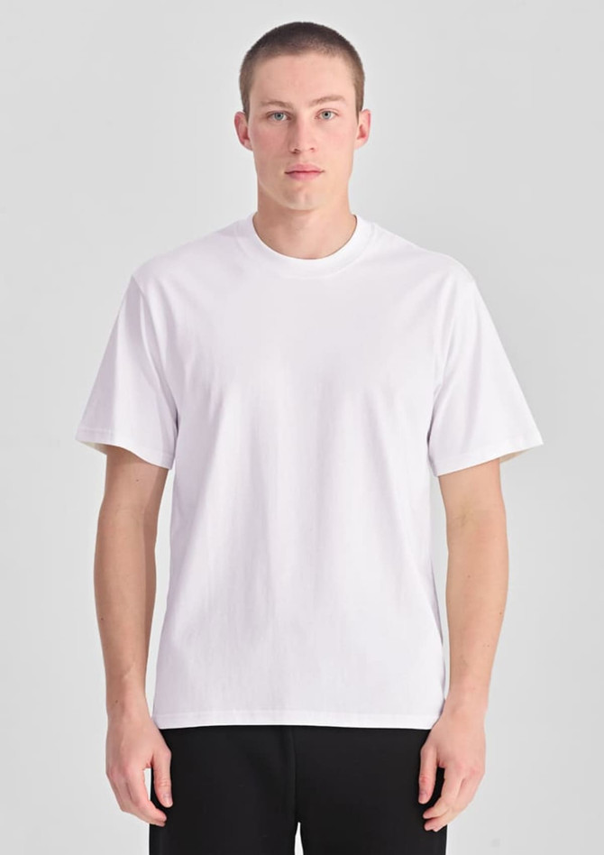 A white short-sleeve men's box tee displayed on a model against a grey background. The product features a logo.