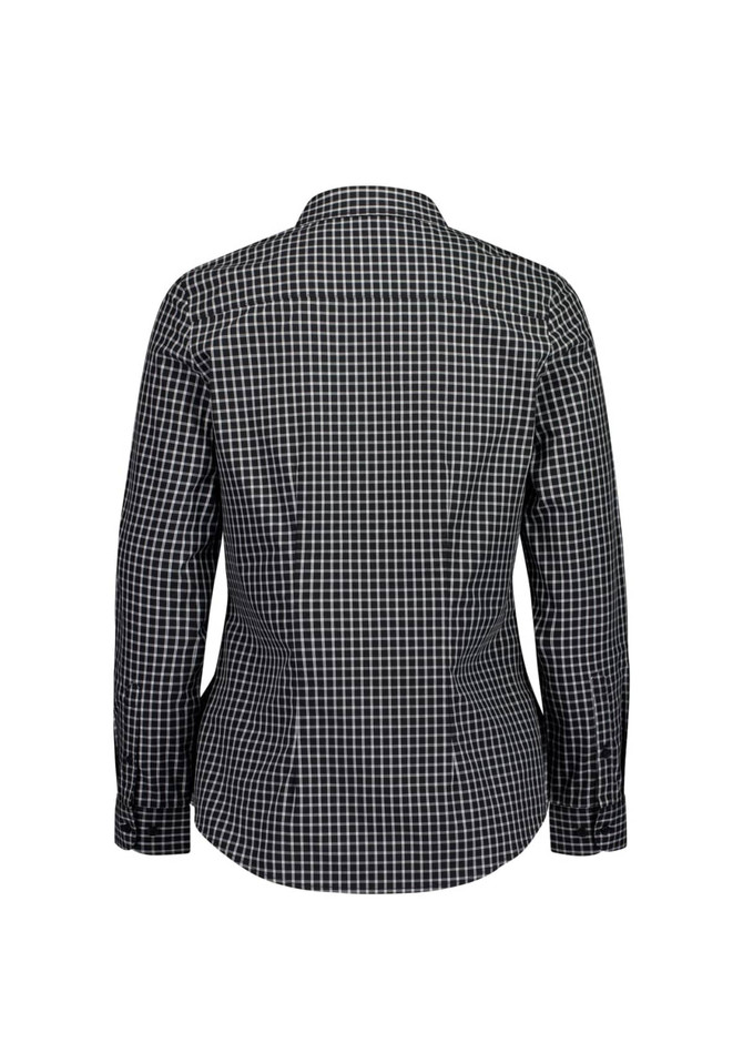 A women's long sleeve shirt in black and white check pattern, featuring a fitted design and a collar.