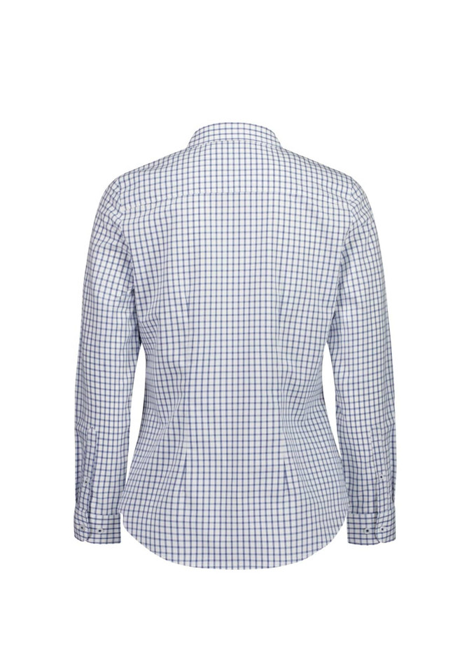 A women's long sleeve shirt featuring a blue and white checked pattern and a back view with a collar.