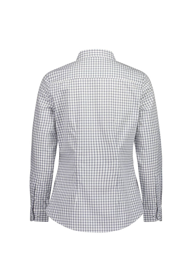 A long sleeve shirt in a white and black check pattern with a collar and buttoned cuffs, featuring a logo.