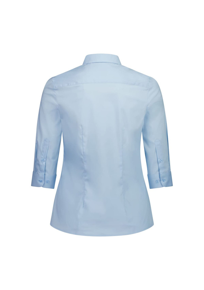 A light blue women's shirt with 3/4 sleeves and a curved hem, featuring a logo on the back.