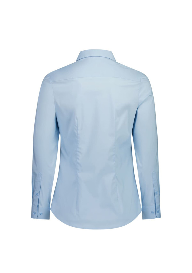 A light blue long sleeve women's shirt featuring a classic collar and button details on the sleeves, with a logo.