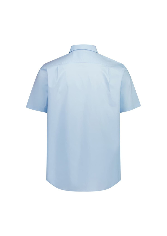 A light blue short sleeve shirt with a classic fit, featuring a collar and a back yoke design.